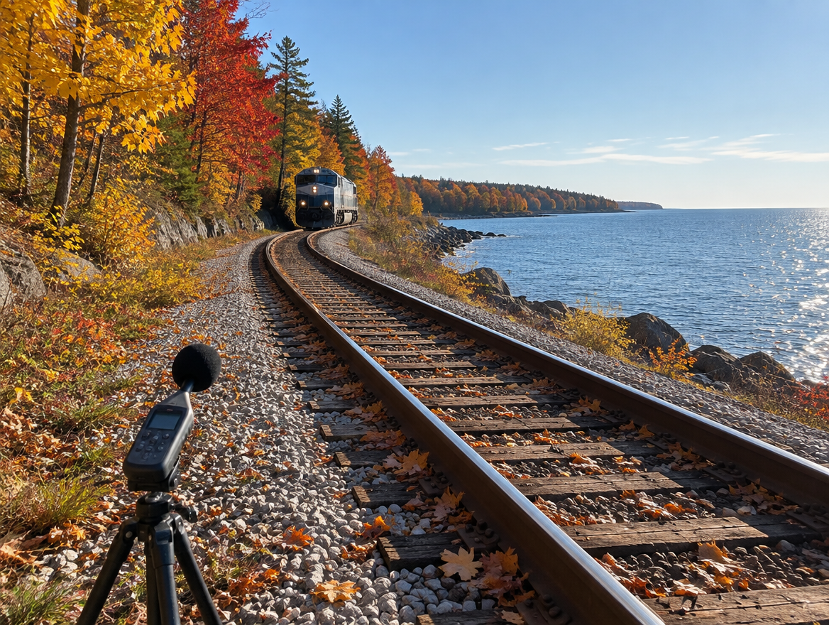 A sound meter on a tripod beside a coastal railway in autumn as a locomotive rounds a bend by the sea.