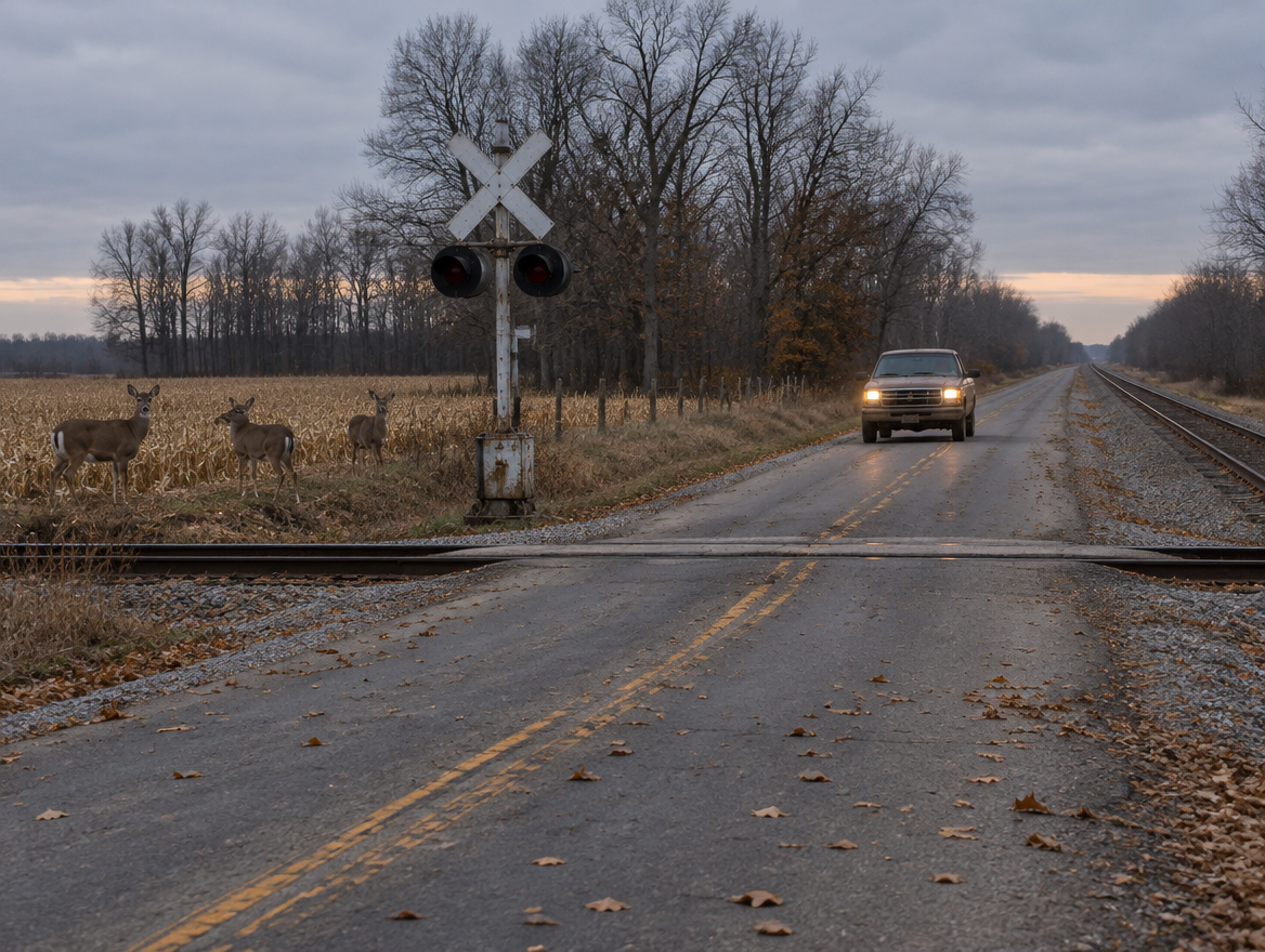 A rural two-lane road at dusk crosses a railway track, with deer at the field edge and a pickup approaching.