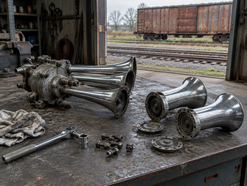 A partly dismantled three-trumpet air horn on a dusty workbench in a railway shed, with a freight boxcar on the track outside.