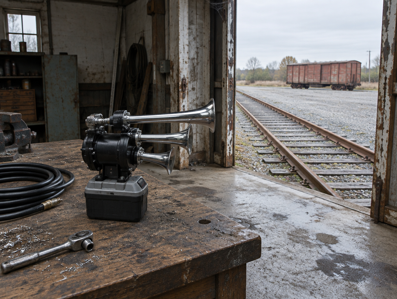 Chrome three-trumpet train horn on a cordless battery pack on a shed workbench, with rail track outside the door.
