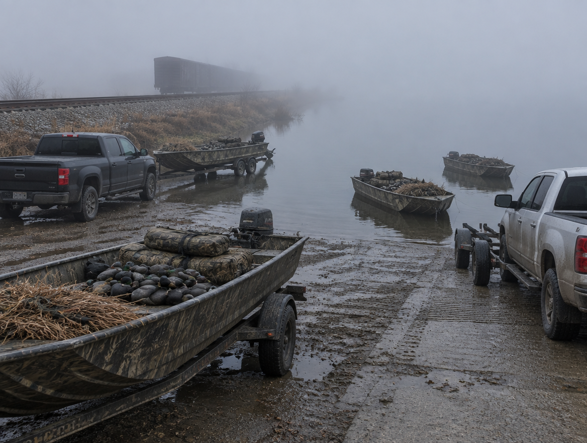 Camouflage duck boats at a foggy lake ramp before dawn, with a railway embankment and boxcar along the shore.
