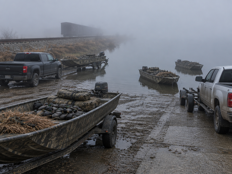 Camouflage duck boats at a foggy lake ramp before dawn, with a railway embankment and boxcar along the shore.