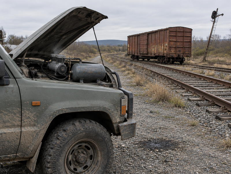 An open-top 4x4 with its hood up and a small air compressor, parked beside rail tracks and a rusty freight boxcar.