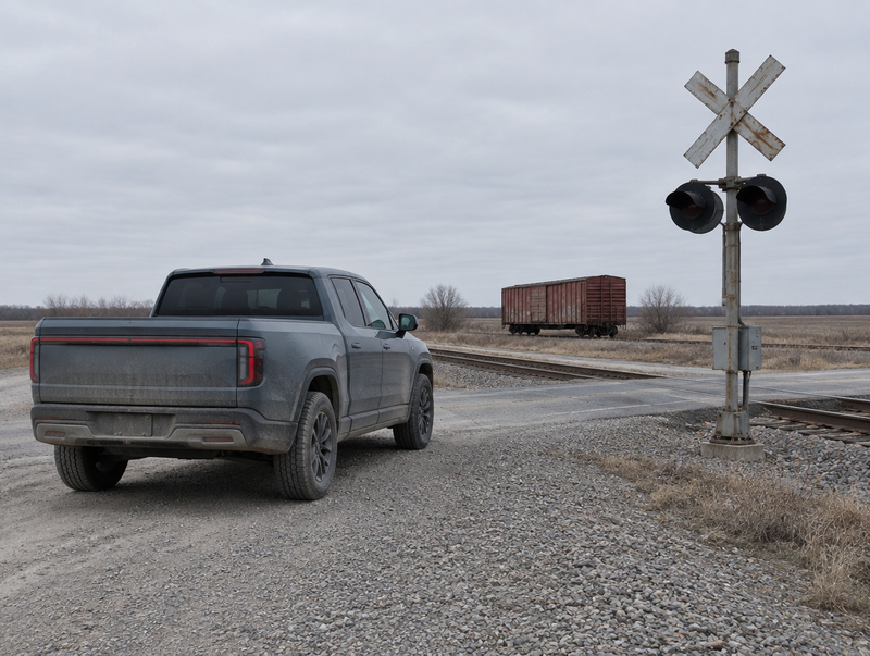 Dusty electric pickup truck parked by a rural level crossing with a crossbuck, signal mast and freight boxcar.