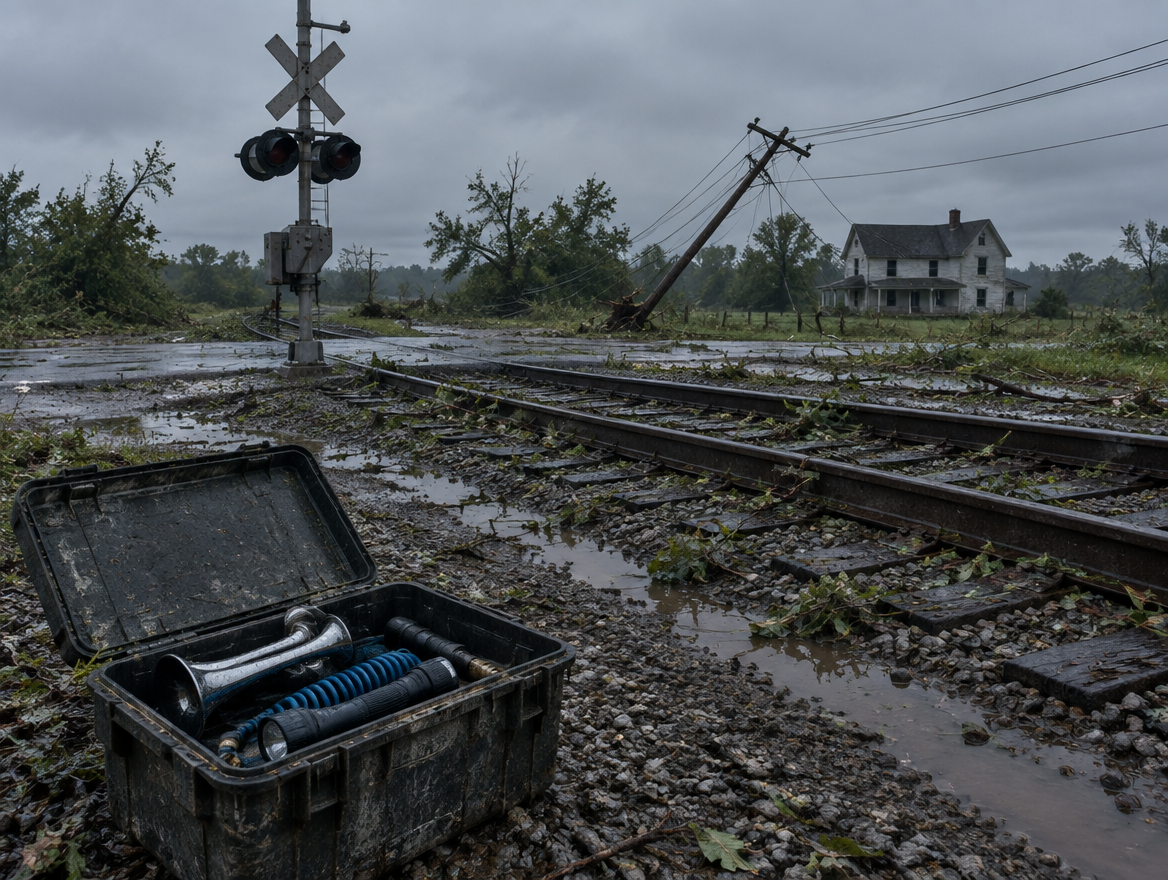 Storm-damaged level crossing with dark signals, downed power lines, and an open emergency kit holding a train horn.