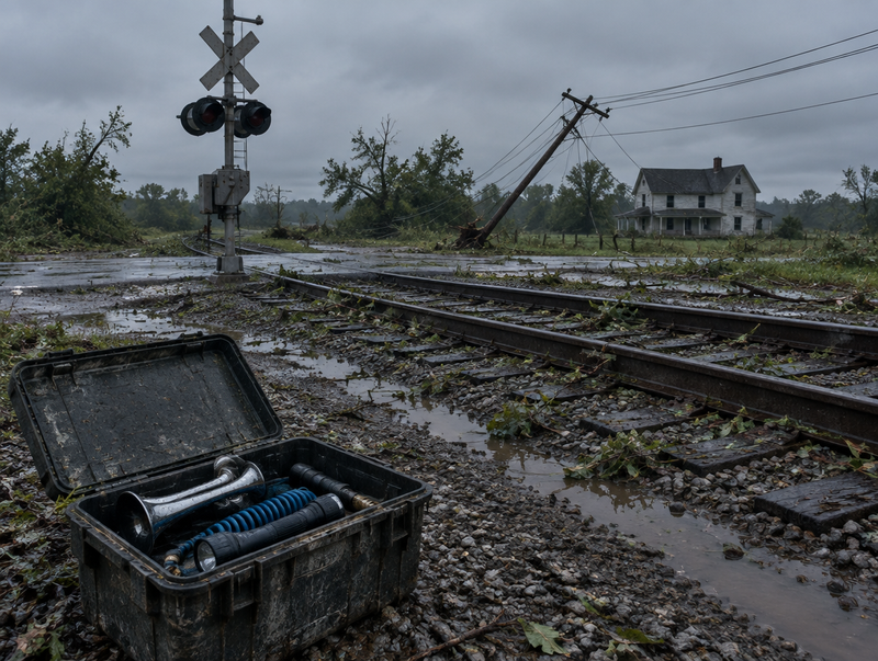 Storm-damaged level crossing with dark signals, downed power lines, and an open emergency kit holding a train horn.