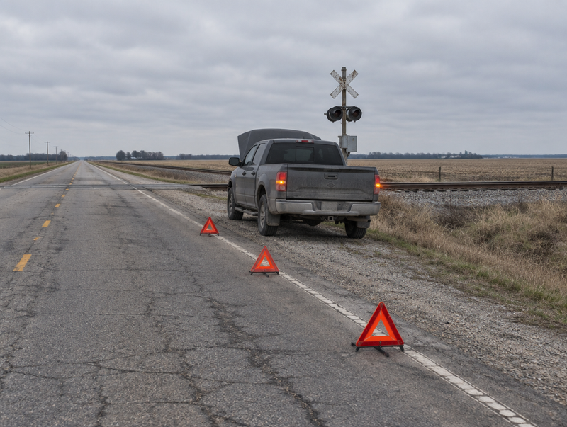 A pickup truck broken down on a rural road shoulder with warning triangles, beside a railway level crossing.