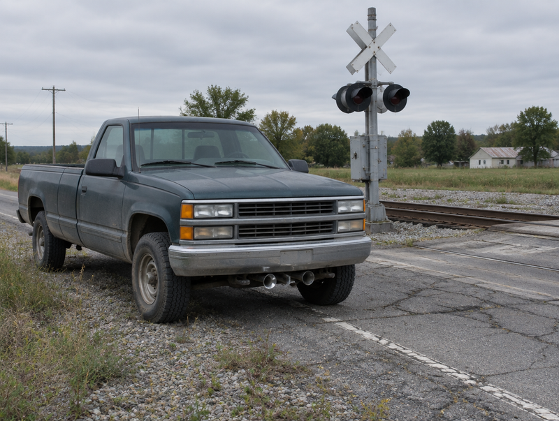 A dusty pickup truck with trumpet air horns under its bumper, parked by a rural level crossing on an overcast day
