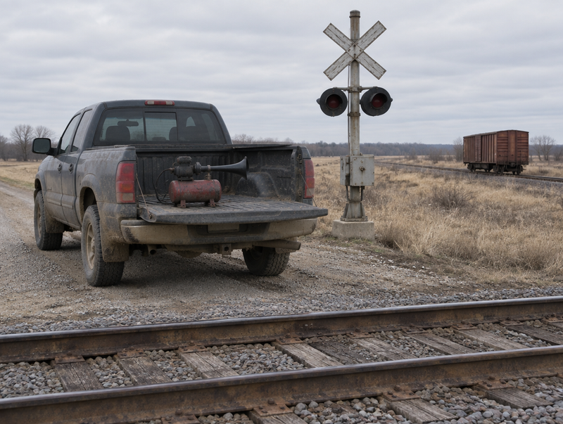 A dusty pickup truck with a portable air horn in its bed, parked beside a rural level crossing on an overcast day.