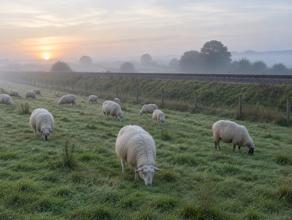 Sheep grazing in a pasture at dawn with a single-track railway line running along the fence