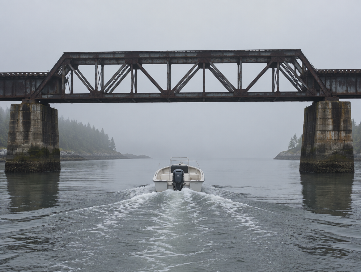 A small motorboat passing beneath an old steel railway trestle in fog