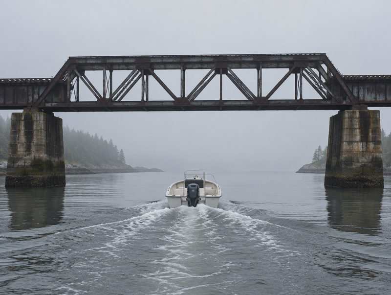 A small motorboat passing beneath an old steel railway trestle in fog