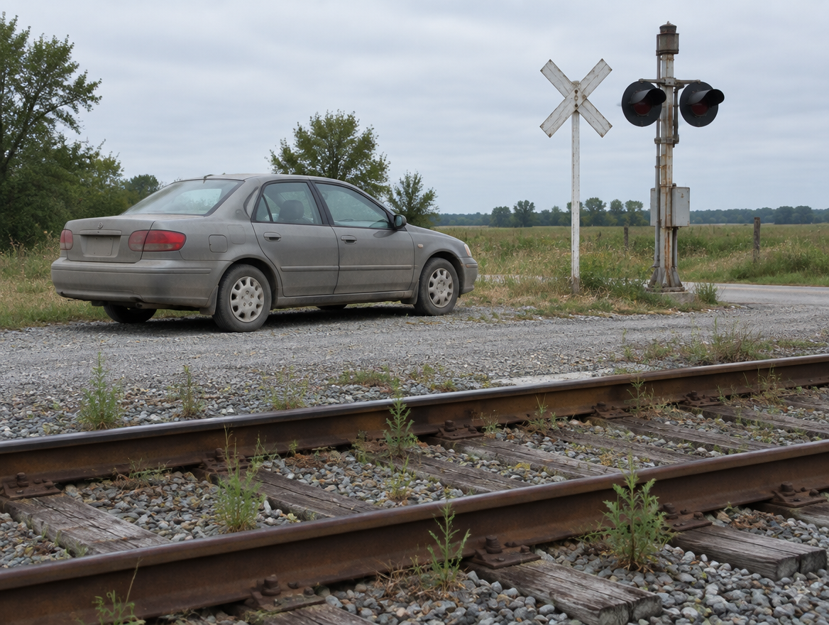 A dusty sedan parked on a gravel shoulder beside a rural level crossing with a crossbuck and signal mast.