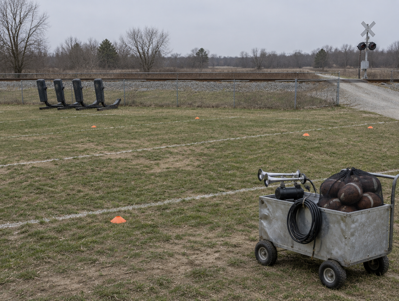 Empty practice field with a chrome air horn on an equipment cart, next to a rail line and a level crossing.