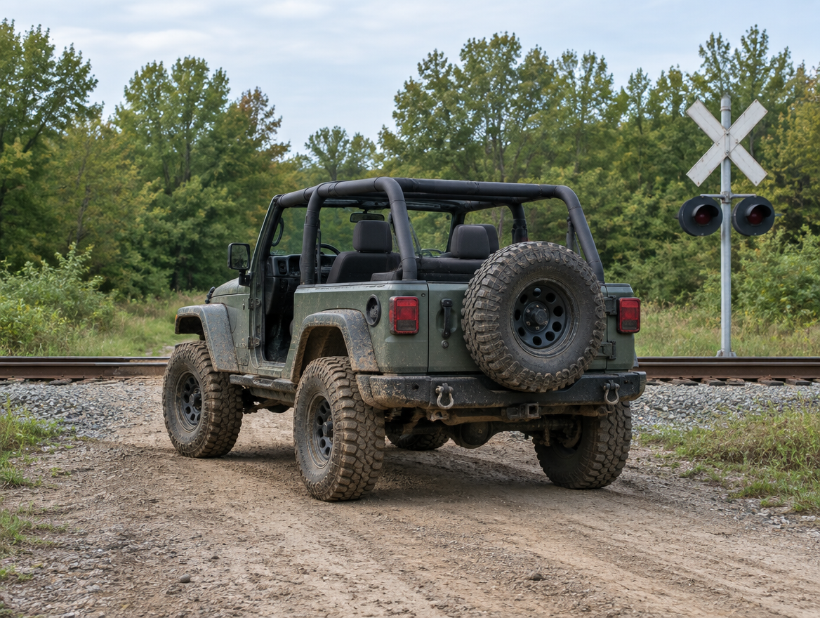 An open-top 4x4 stopped at a rural railroad crossing, seen from behind