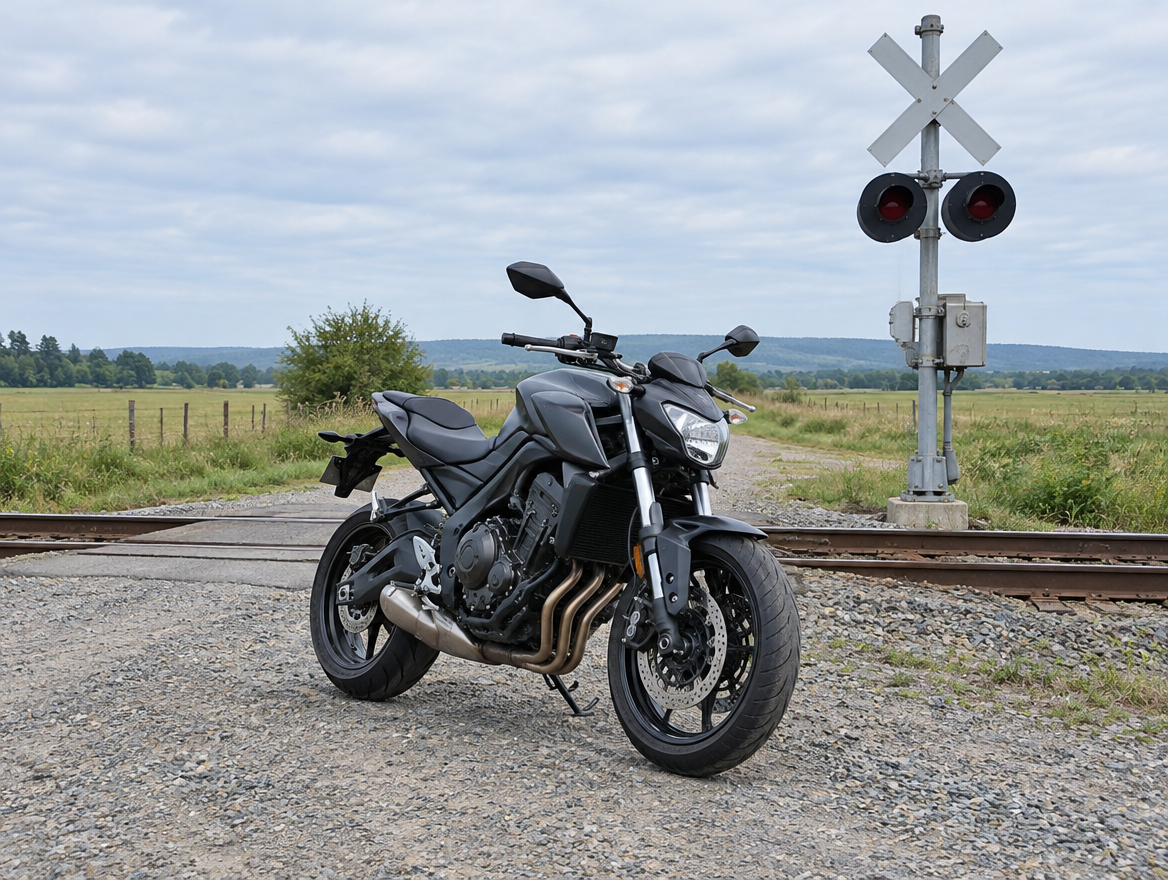 A motorcycle parked at a rural railroad grade crossing beside the crossbuck and signal mast