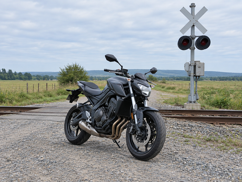 A motorcycle parked at a rural railroad grade crossing beside the crossbuck and signal mast