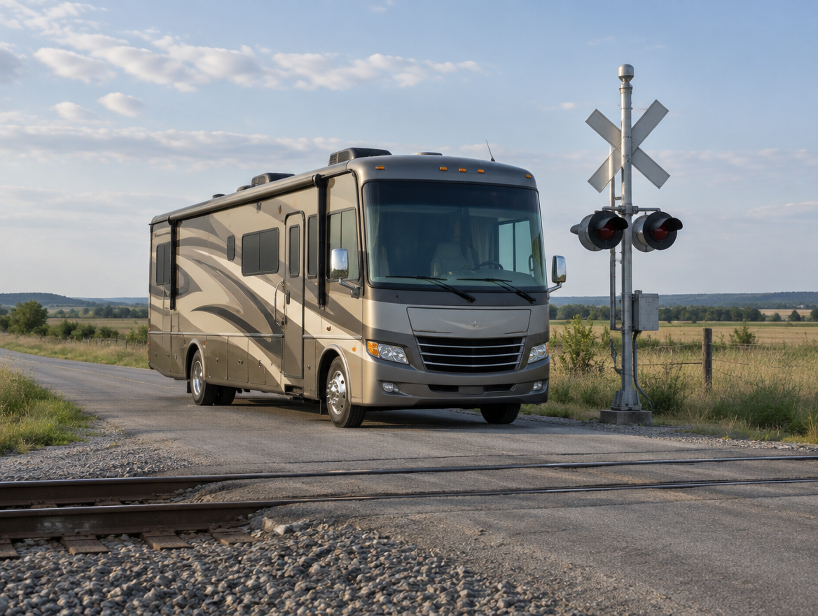 A Class A motorhome stopped at a rural railroad grade crossing