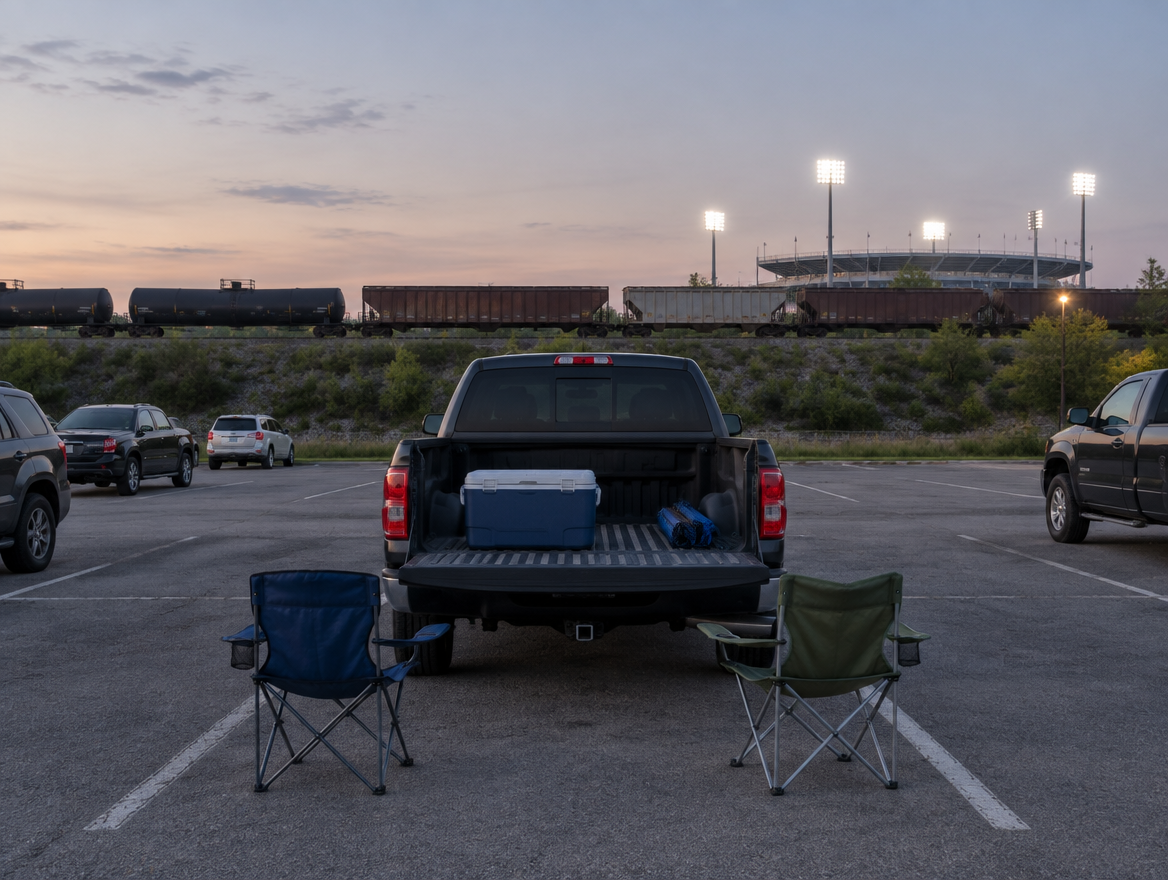 A tailgate set up in a stadium parking lot with a freight train passing on the embankment behind