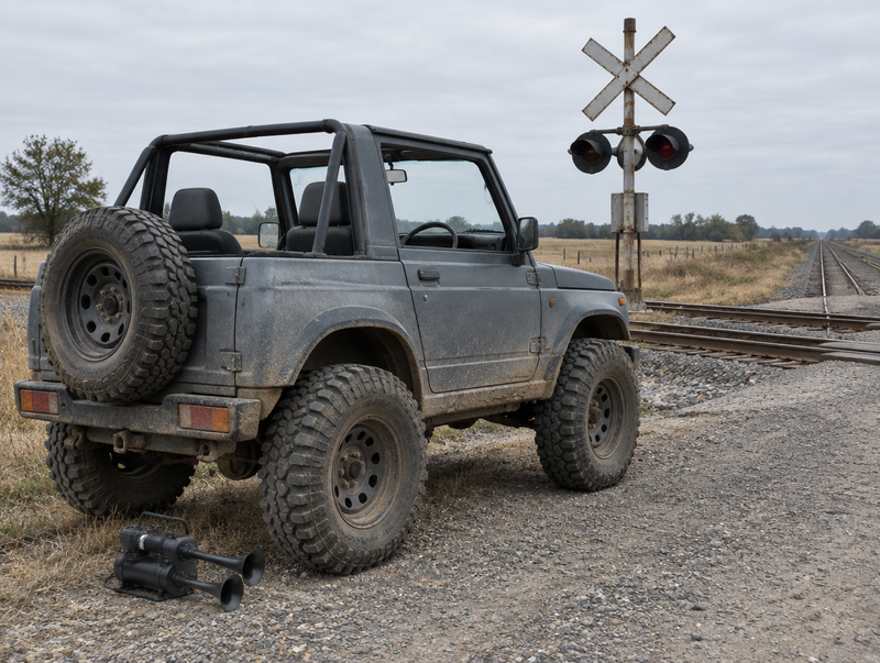 Dusty open-top 4x4 with off-road tyres parked beside a rural level crossing, with a portable horn unit on the gravel.