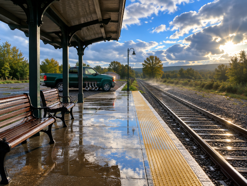 A pickup with chrome air horn trumpets parked beside a wet small-town station platform as the sun breaks through after rain.