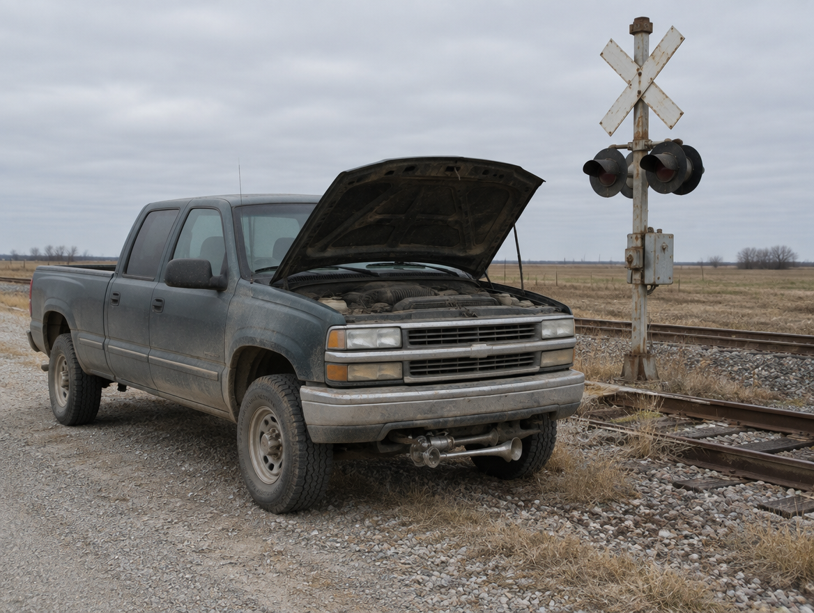 Dusty pickup with its hood open and chrome air horns under the bumper, parked beside a rural railway level crossing.