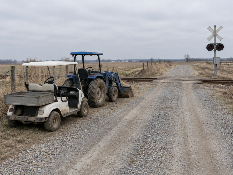 A dusty golf cart and a compact tractor parked on a gravel lane beside a rural railway level crossing on an overcast day.