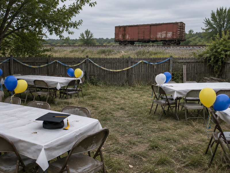 An empty backyard party set up with balloons and a graduation cap, with a railway track and freight boxcar past the fence.