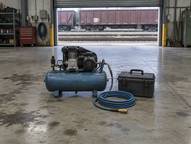 An air tank with compressor and coiled airline beside a compact hard case on a depot floor