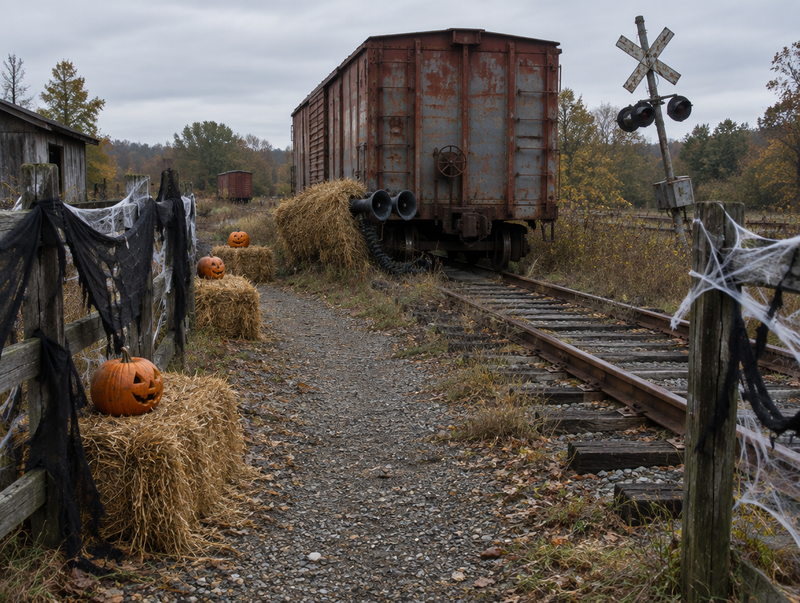 Homemade Halloween trail along old rail tracks, with hay bales, pumpkins, a boxcar and a train horn hidden by a bale.