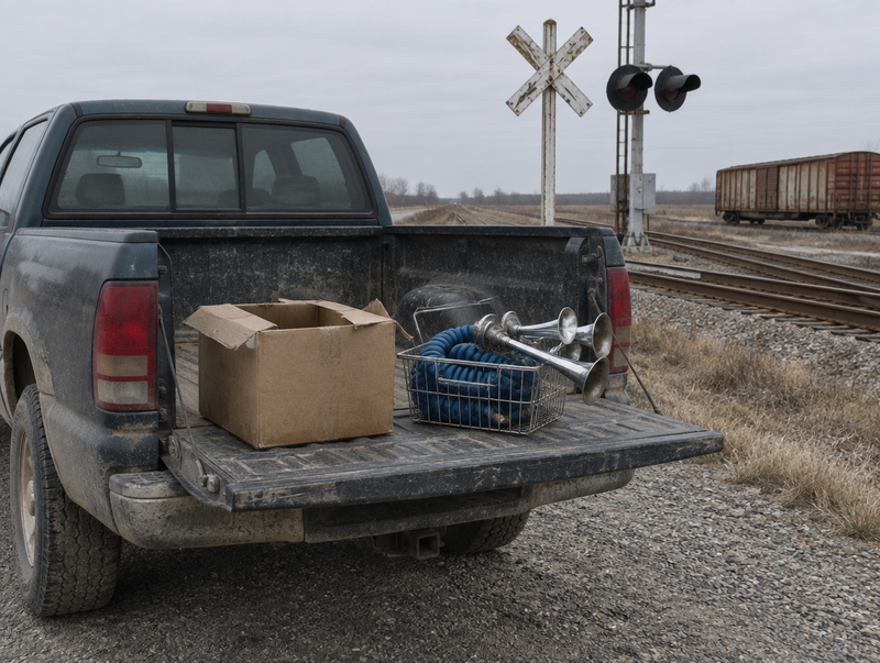 A dusty pickup with its tailgate down holds a torn shipping box and train horn trumpets beside a rural level crossing.