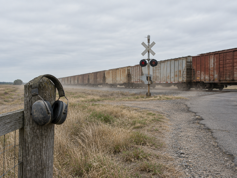 Worn earmuffs hanging on a fence post near a level crossing while a freight train passes behind them