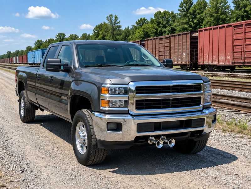 Heavy-duty pickup truck parked beside a summer freight yard with parallel tracks and rows of boxcars.