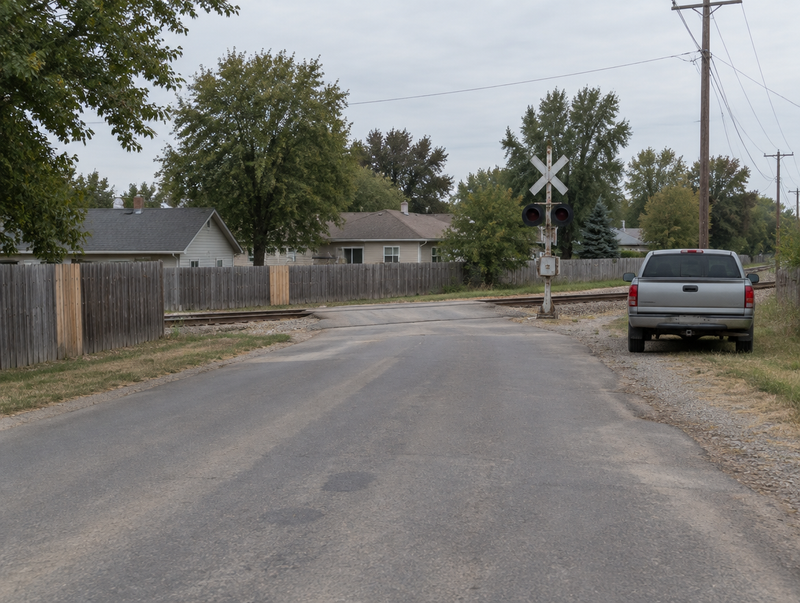 A suburban street ends at a railway level crossing, with houses and wooden fences backing onto the tracks.