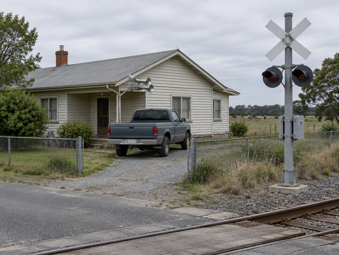 A small house beside a rural level crossing with a chrome air horn mounted under its front eave.