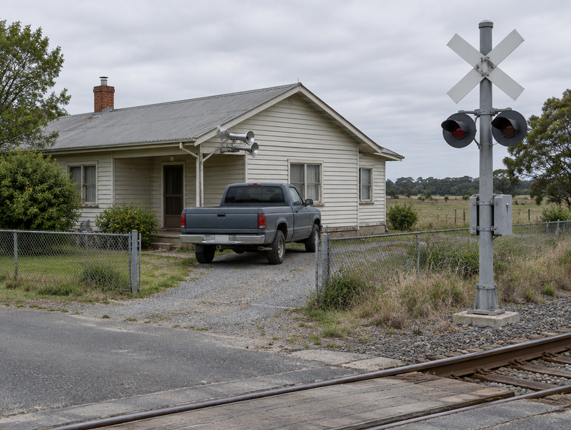 A small house beside a rural level crossing with a chrome air horn mounted under its front eave.