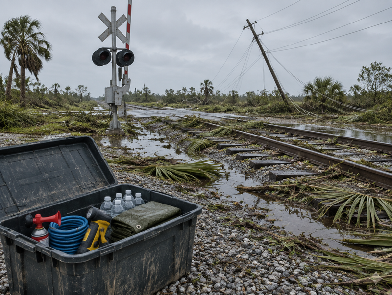 Dark level crossing after a hurricane with debris on the tracks and an emergency kit tote on the gravel shoulder.