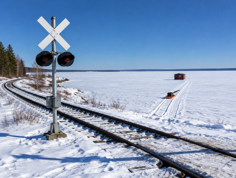 A rural railway crossing on the shore of a big frozen lake, with a lone ice-fishing shanty far out on the ice under blue sky