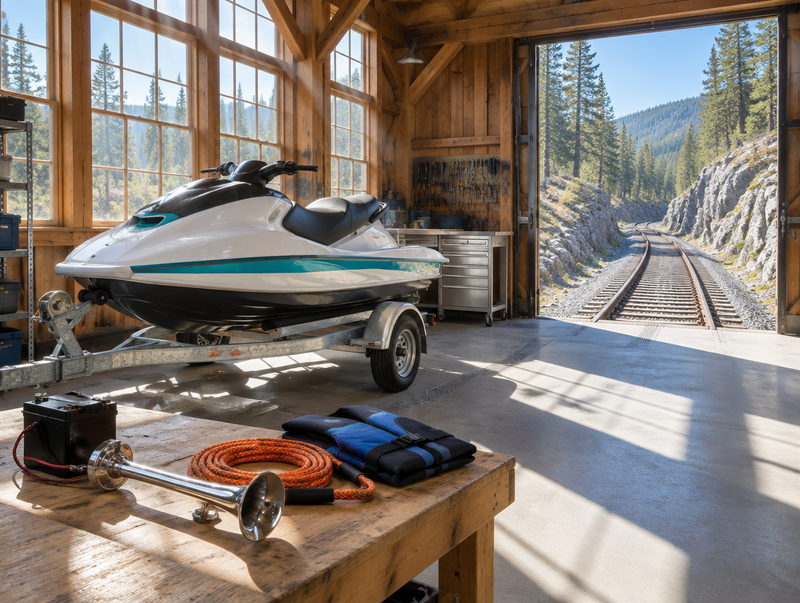 Sunlit railway shed with a jet ski on a trailer and a portable horn, track curving into a rocky pine-lined cutting.