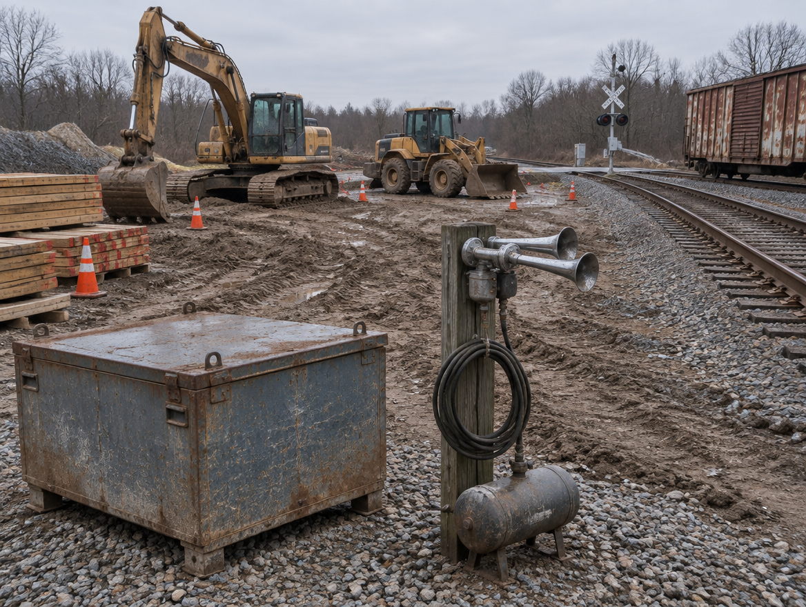 Air horn on a post by a gang box at a muddy site next to a rail line, with a level crossing and boxcar behind