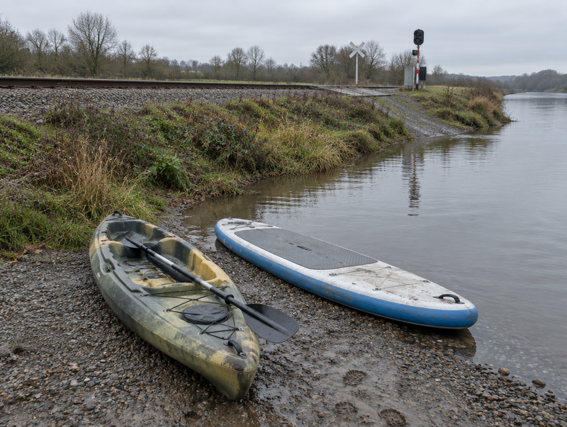 A kayak and paddleboard on a gravel river launch beside a railway embankment and level crossing on an overcast day.