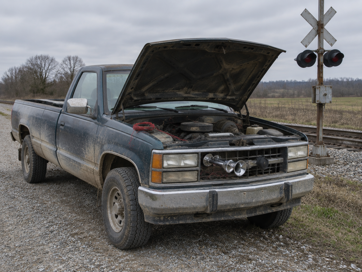 A dusty pickup with its hood open and aftermarket air horns fitted, parked beside a rural railroad crossing.