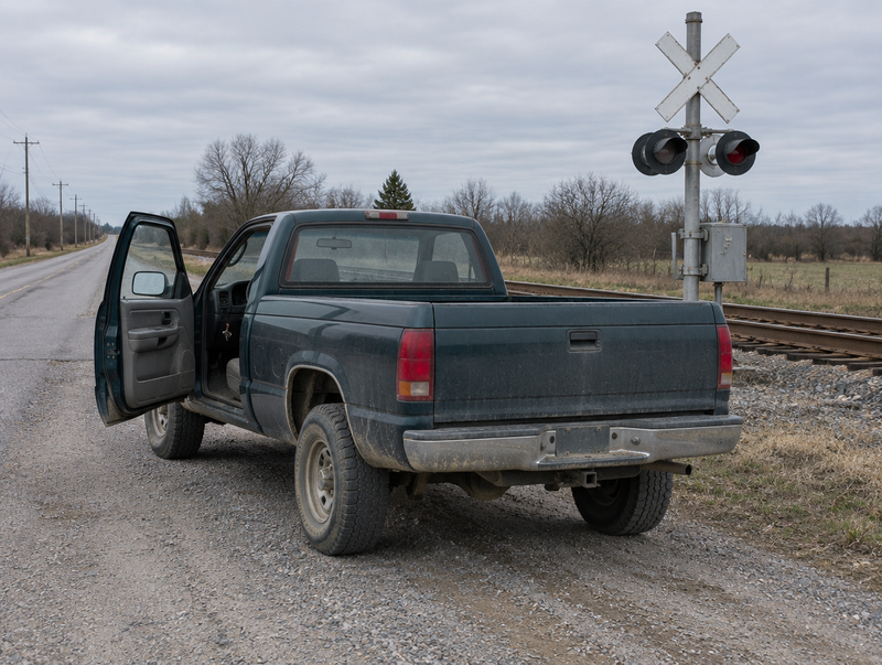 Pickup truck parked by a rural level crossing with a crossbuck and signal mast, driver's door open.