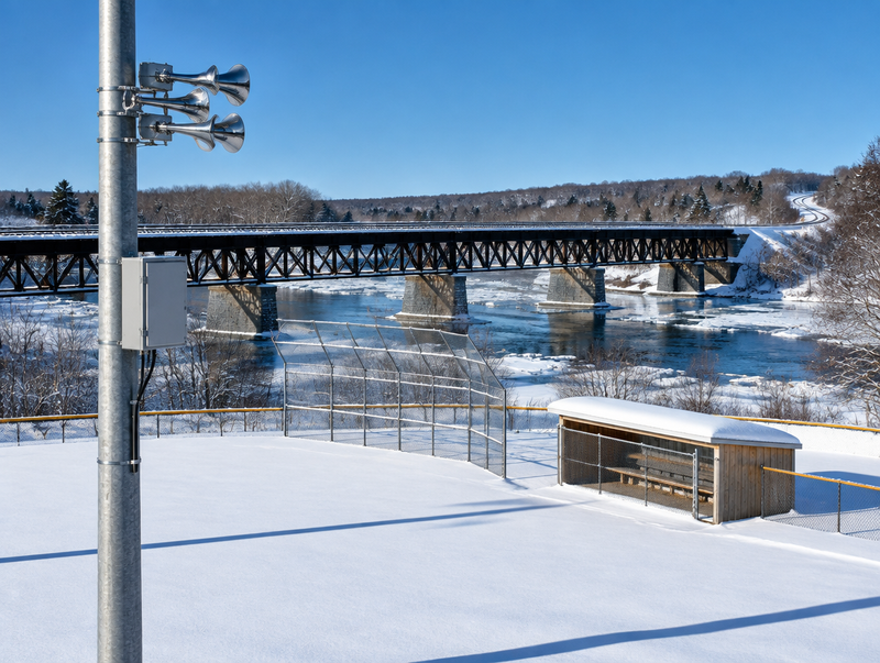 Snowy ballfield by a river with a pole-mounted air horn cluster and a steel trestle railway bridge behind it.