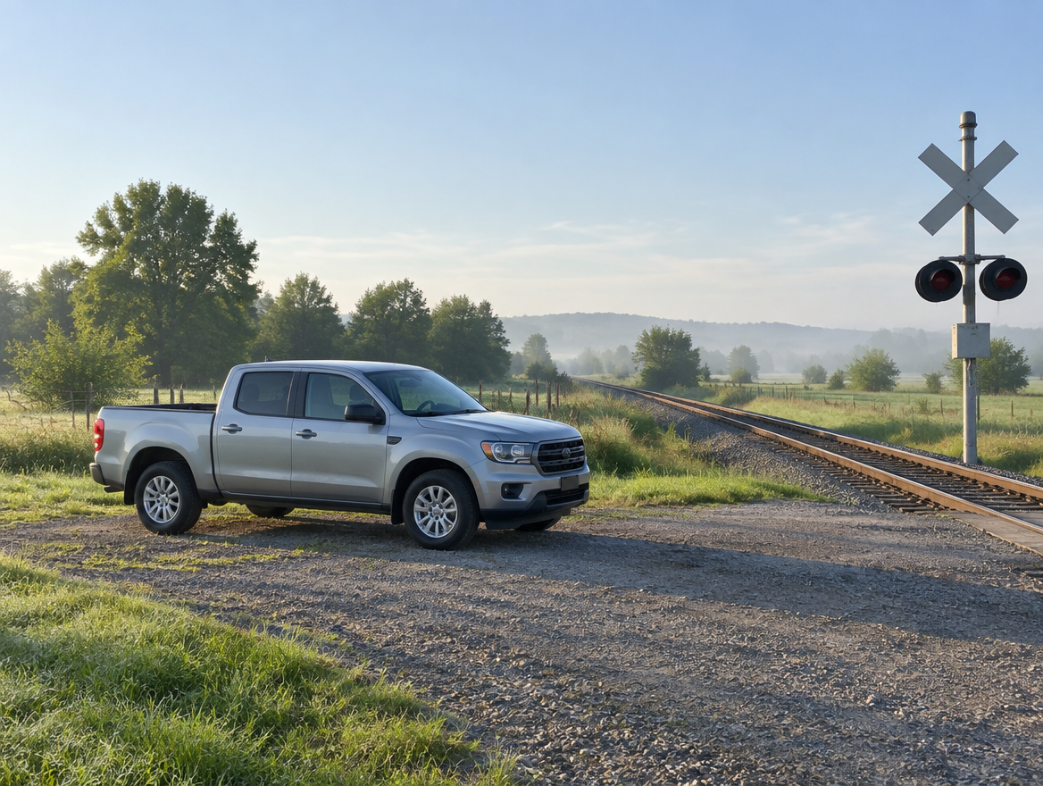 A clean midsize pickup truck parked on gravel beside a rural railroad crossing under a pale blue morning sky.