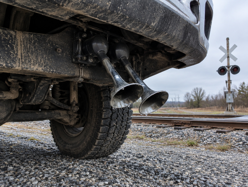 Train horn mounted upside down under a pickup truck's frame, parked beside a rural level crossing with rails behind it