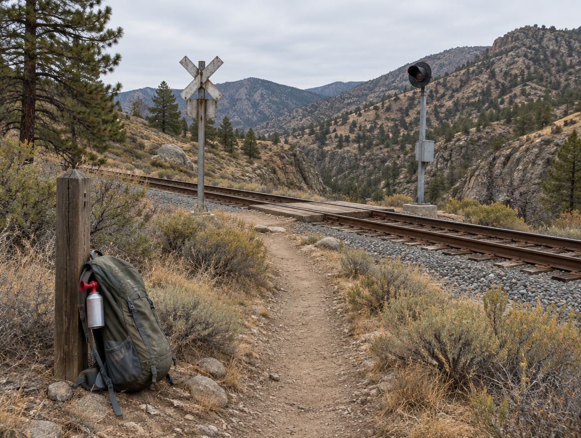 A dirt hiking trail crosses a remote mountain rail line, with a daypack and air horn resting by a trail post.