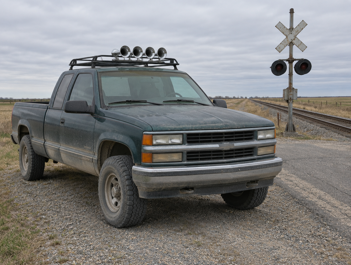 A pickup truck with forward-facing roof-mounted air horns parked beside a rural level crossing on an overcast day.