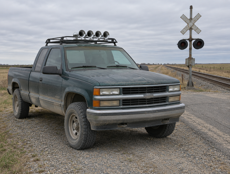 A pickup truck with forward-facing roof-mounted air horns parked beside a rural level crossing on an overcast day.