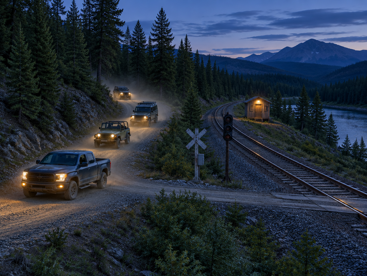 A convoy of off-road vehicles with headlights on follows a gravel trail beside a railway crossing at dusk.